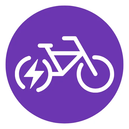 Symbol eines Elektrofahrrads mit Blitz in einem lila Kreis